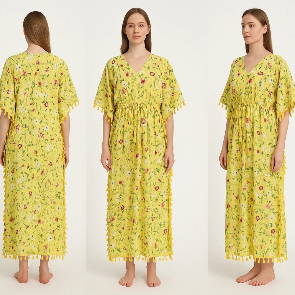 (SOLD)NEW Yellow VERY CUTE Floral Maxi Caftan Lounge / Beach Dress ONE SIZE  $35